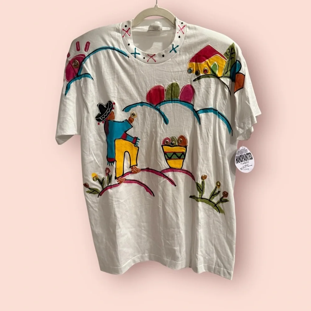 NWT Deadstock Vintage Hand Painted Graphic Tee | Indie Art Whimsical Scene - Picture 1 of 5